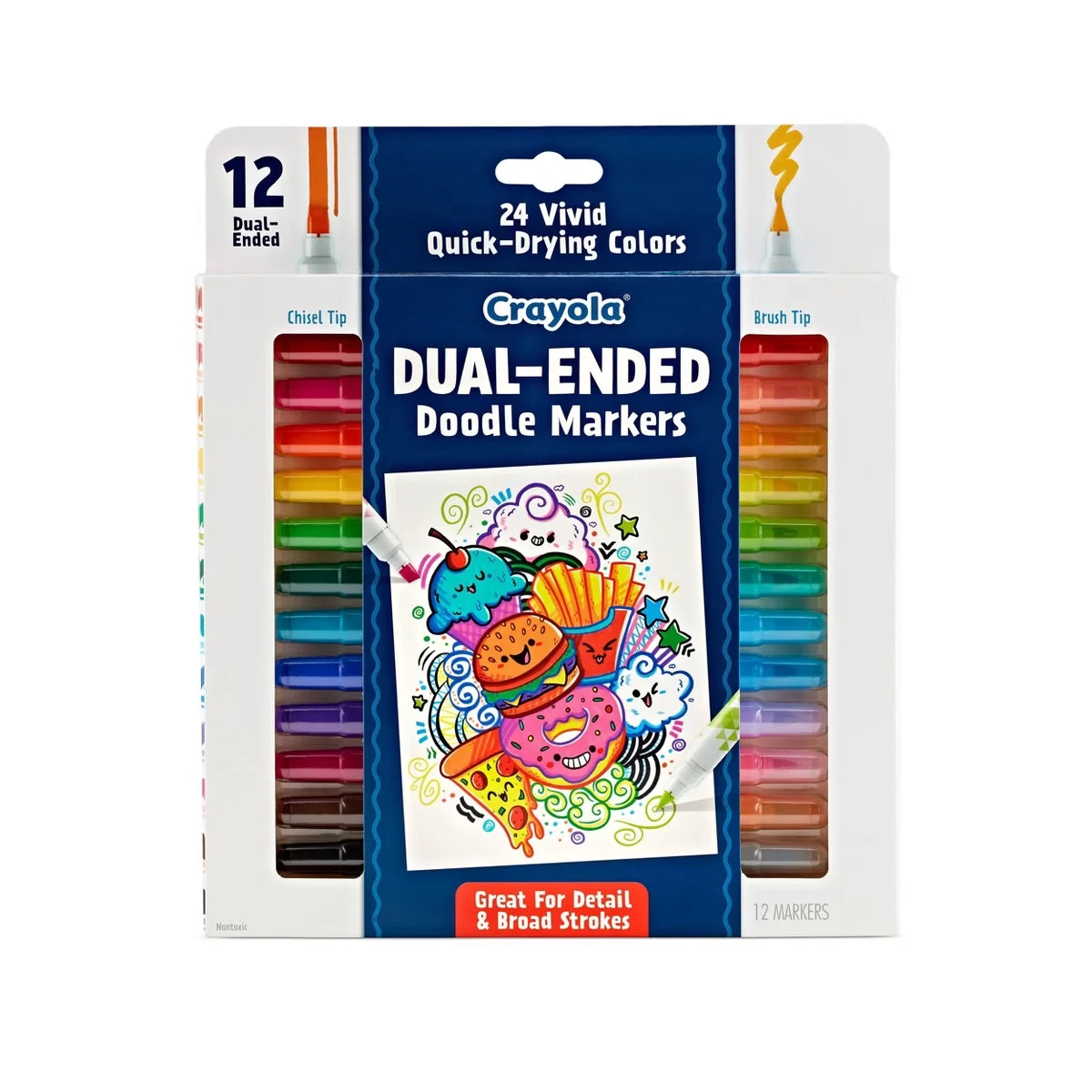 Crayola 12ct Doodle & Draw Dual Ended Markers, 24 Colors, Brush & Chisel Tip, Teacher Essentials, Adult Coloring Supplies, Ages 3+